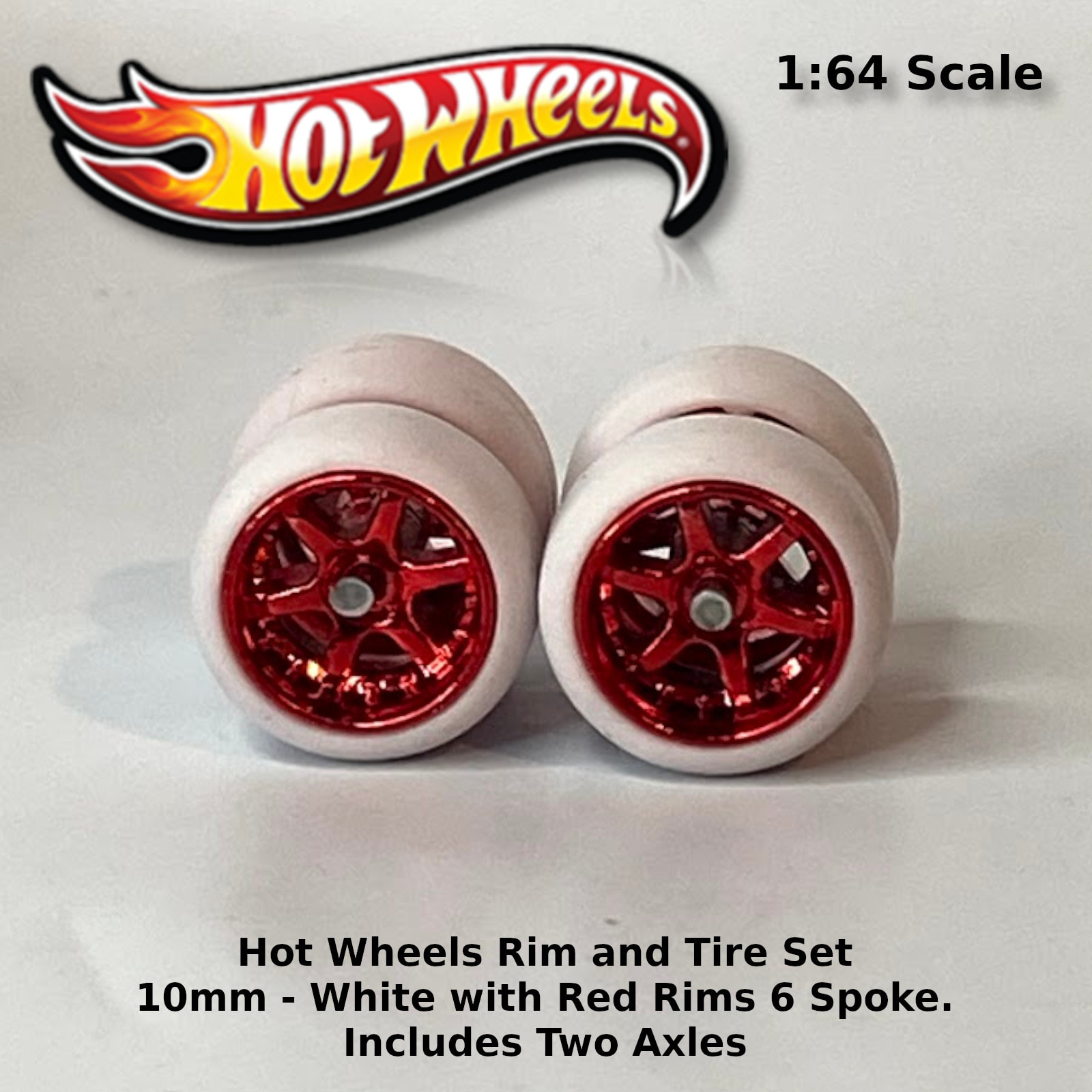 R009 Hot Wheels 1/64 Set > LW 5 Spoke Black Red 10mm Long RUBBER WHEELS TIRES 