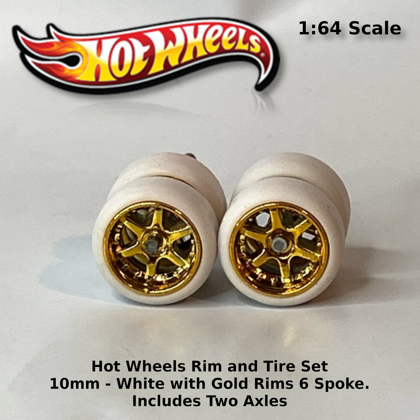10 sets 6 spoke 6SP Gold small long axle fit 1:64 hot wheels rubber tires 