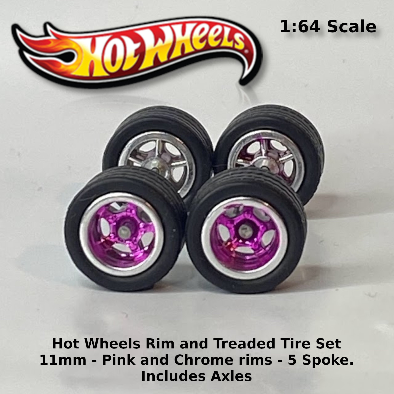Hot Wheels 10mm/10mm JDM Pink rims 4 spoke rubber tire set.